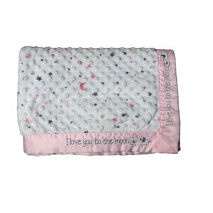 Just Born Pink White Minky Satin Trim Blanket Elephants Love You to the Moon